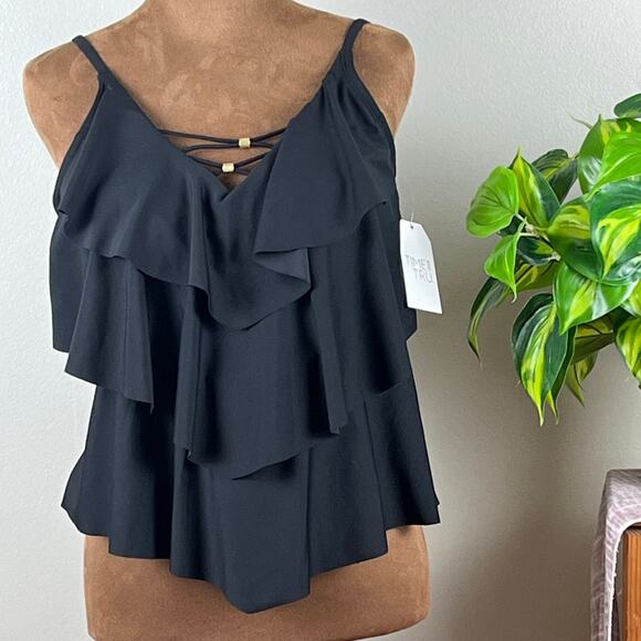 Time & Tru Black Ruffled V Neck Bathing Suit Top Size Medium New with tag - Picture 1 of 7